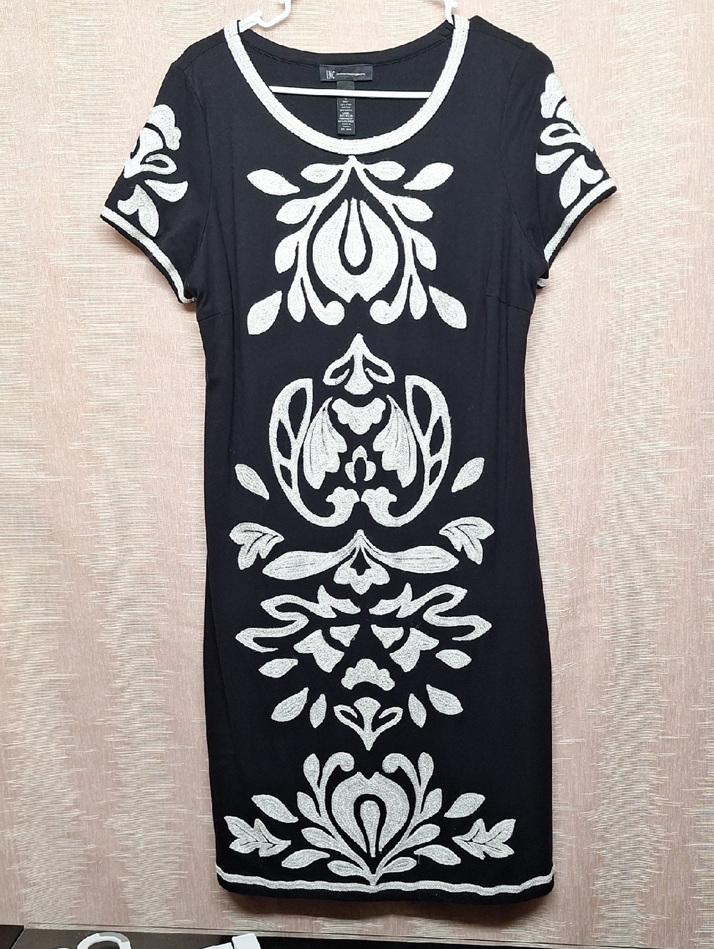 INC International Concepts Black Dress with White Damask Motif, Size L